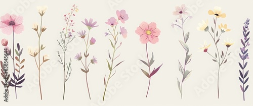 Set of wildflowers hand drawn vector illustration isolated on a white background, in pastel colors