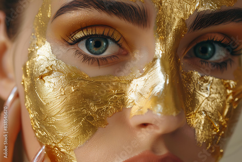 Gold based skincare concept. Beauty woman face with gold mask photo