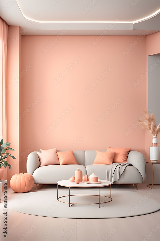 Fototapeta premium Peach fuzz interior with pastel wall, apricot shades, white sofa, tan pillows