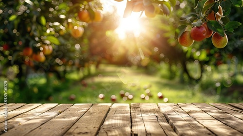 lychee fruit hanging on tree with wooden table and sunset at organic farm. AI generated illustration