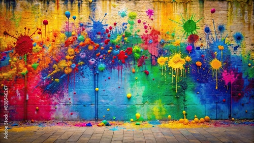 Colorful wall covered in various paint splatters   vibrant  rainbow  artistic  abstract  messy  graffiti  urban  background  texture  colorful  design  creative  wall art  splashes  decor