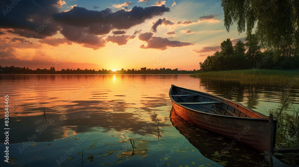 Fototapeta premium Calm Lake with Boat at Sunset