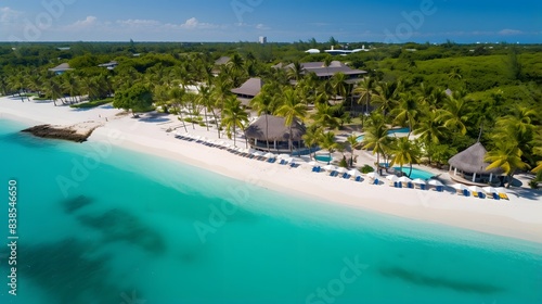 Aerial view of beautiful tropical beach with white sand  turquoise water and blue sky