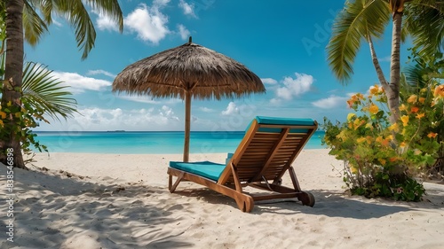 lounge chairs and umbrella on the beach