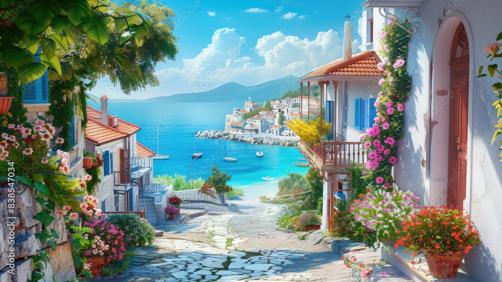 Obraz premium Beautiful walkway in small city by the sea, scenic view of old houses and flowers in Greek town in summer. Theme of travel, vacation, beach, mediterranean resort