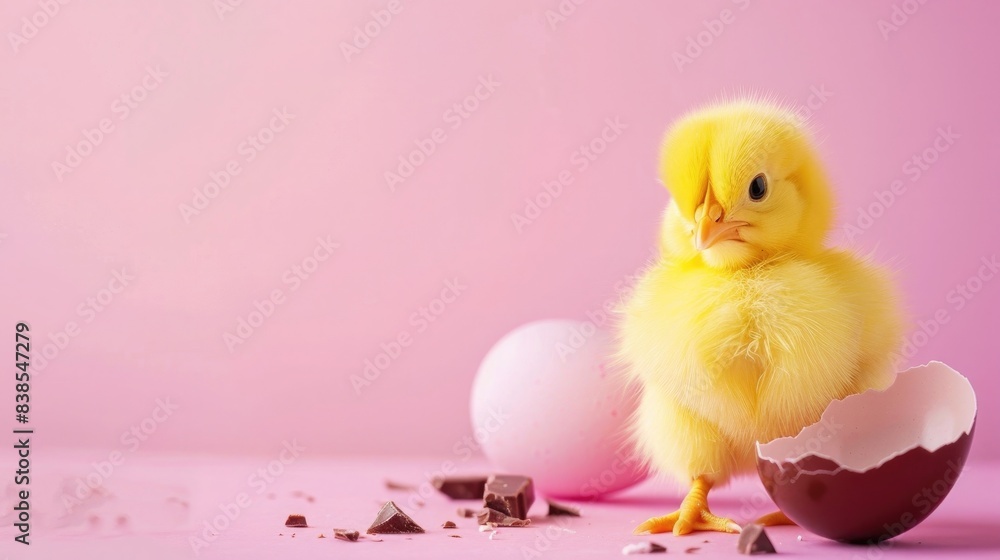 yellow easter chick, broken chocolate egg on pink background