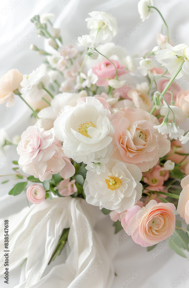 Beautiful bouquet of white and pink flowers with silk ribbons Beautiful bouquet of white and pink flowers with silk ribbons