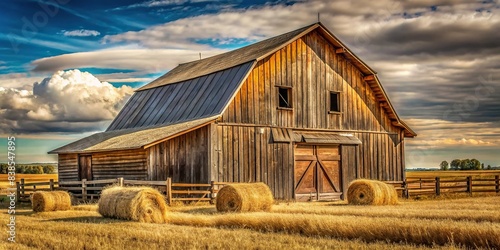 Rustic barn with a background of straw , farm, rural, countryside, vintage, agriculture, wooden, old, rustic, weathered, hay, crop, traditional, structure, field, landscape, barnyard photo