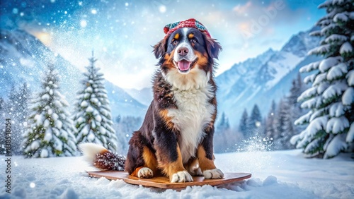 A cute brown and white Bernard spaniel dog riding a snowboard in a snowy Christmas scene , generative AI, dog, snowboard, new years card, christmas, fun, animal, pet, puppy, cute, bernard photo