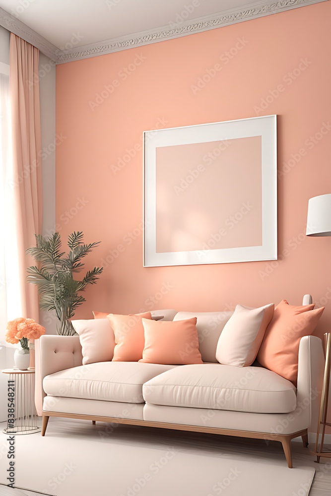 Fototapeta premium Peach fuzz interior with pastel wall, apricot shades, white sofa, tan pillows