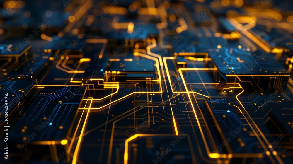 Gold blue black abstract background with digital glowing lights and circuit board elements on a dark blue background, high quality 3D rendered illustration of an abstract futuristic technology Gold blue black abstract background with digital glowing lights and circuit board elements on a dark blue background, high quality 3D rendered illustration of an abstract futuristic technology