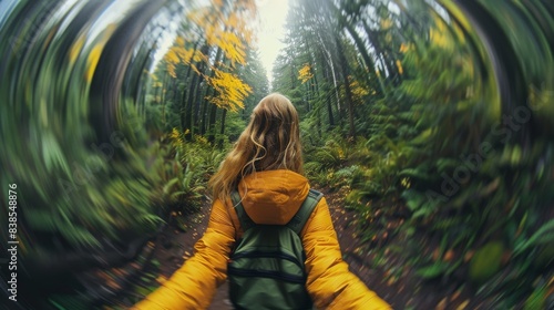 A fisheye lens perspective with radial motion blur shows a woman walking in a vibrant autumn forest photo