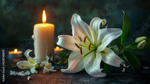 Softly lit image of a burning candle next to a blooming white lily and scattered petals