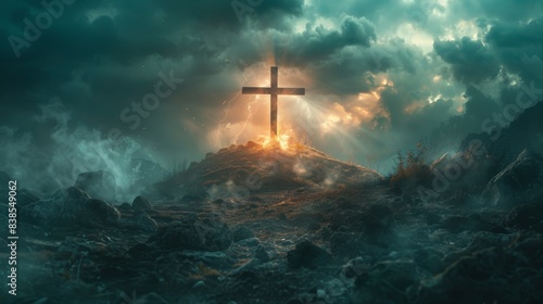 A powerful image of a cross on a hill with an ominous, stormy sky and dynamic lighting