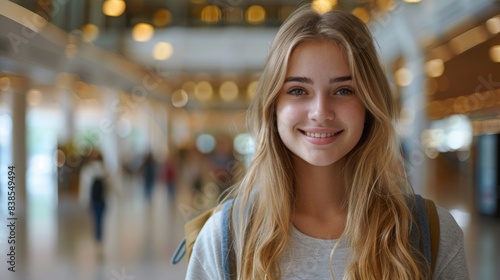 A happy teenage girl in casual attire radiates a friendly and approachable vibe in a daytime indoor setting