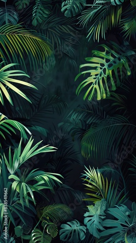 Beautiful nature background of vertical garden with tropical green leaf. Mural wallpaper. AI generated illustration