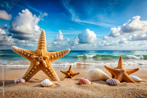 Starfish and seashells on a sandy beach under a spectacular sunset sky  adorned with glowing orbs.