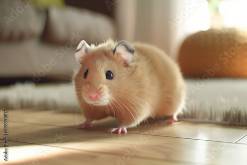 Cute Hamster on Wooden Floor in Sunlit Room