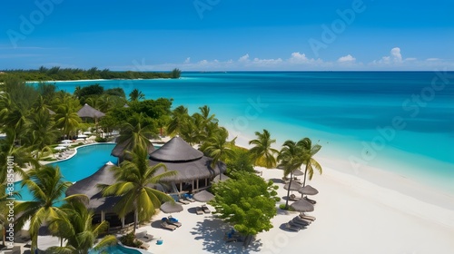 Aerial view of beautiful tropical beach with palm trees and blue lagoon