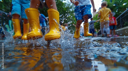 Low angle view of kids in colorful rain boots splashing in a large water puddle