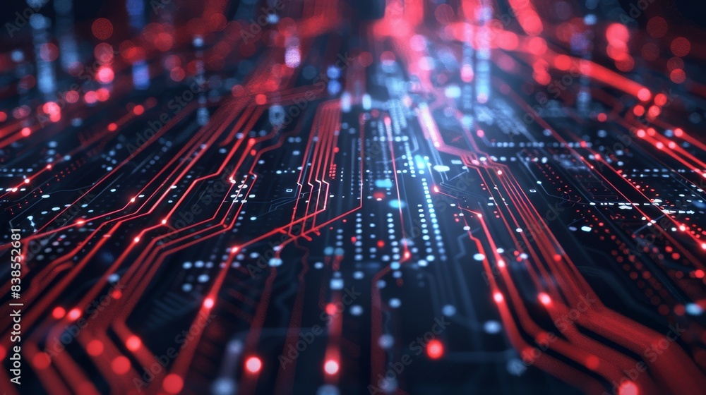 Black Red White abstract background with digital glowing lights and circuit board elements on a dark blue background, high quality 3D rendered illustration of an abstract futuristic technology Black Red White abstract background with digital glowing lights and circuit board elements on a dark blue background, high quality 3D rendered illustration of an abstract futuristic technology
