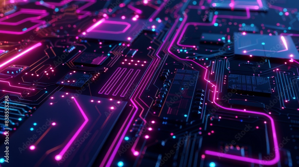 Black Purple Pink abstract background with digital glowing lights and circuit board elements on a dark blue background, high quality 3D rendered illustration of an abstract futuristic technology Black Purple Pink abstract background with digital glowing lights and circuit board elements on a dark blue background, high quality 3D rendered illustration of an abstract futuristic technology