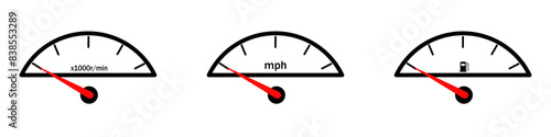 Car fuel or speed meter icon set. Full gauge of fuel rate and engine speed. Fuel sensor. Vector isolated flat