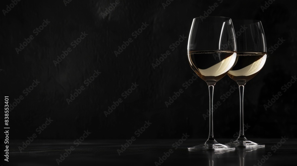 White Wine Black Background. Tasting Wine in Elegant Glassware and Bottle on Dark Tabletop White Wine Black Background. Tasting Wine in Elegant Glassware and Bottle on Dark Tabletop
