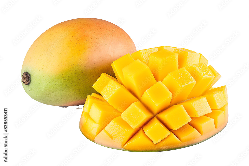 A slice of mango is cut in half and placed on a white background, transparent backgrounds PNG A slice of mango is cut in half and placed on a white background, transparent backgrounds PNG