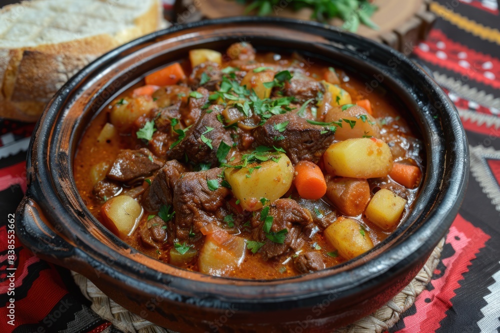Winter Meal. Hungarian Goulash - Beef Stew with Potatoes and Carrots, Flavored with Bay Leaves