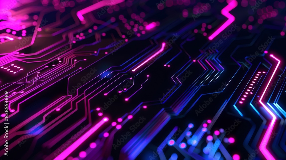 Black Purple Pink abstract background with digital glowing lights and circuit board elements on a dark blue background, high quality 3D rendered illustration of an abstract futuristic technology Black Purple Pink abstract background with digital glowing lights and circuit board elements on a dark blue background, high quality 3D rendered illustration of an abstract futuristic technology
