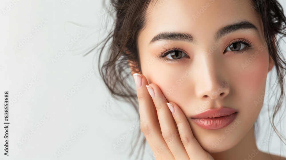 Close-up face of young Asian woman putting her hands and nails near her face with smooth clean skin gracefully Close-up face of young Asian woman putting her hands and nails near her face with smooth clean skin gracefully
