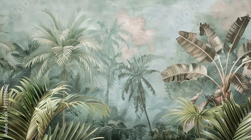 Tropical vintage botanical landscape illustration  palm tree  vegetable flower border background. Mural wallpaper. AI generated illustration