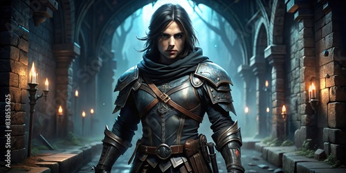 Digital avatar of a warrior video game character exploring a dark dungeon, fantasy, gaming, virtual, hero, battle, weapon, dungeon, adventure, magic, warrior, avatar, digital, computer photo