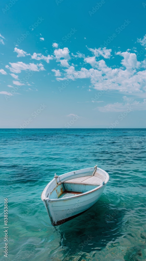 A small boat floating in the clear blue water of a beach, AI