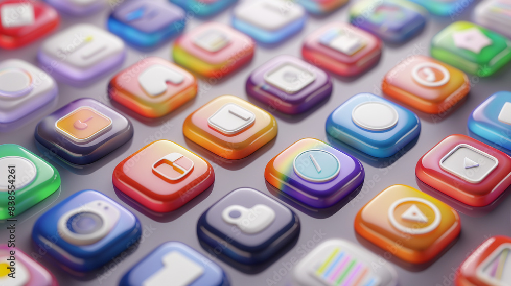 Fototapeta premium Colorful app icons, 3D illustration, technology and user interface concept