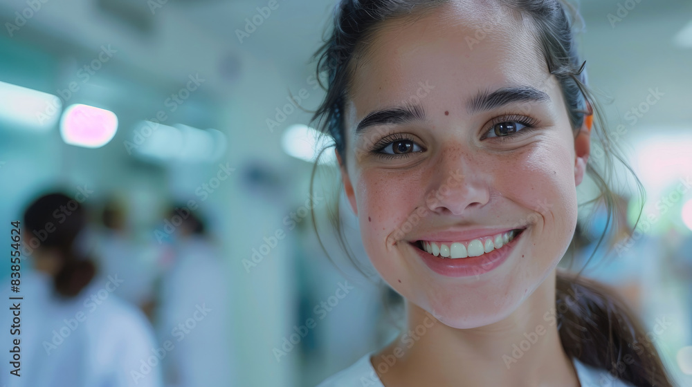 Portrait of calm smiling female nurse looking forward in blue uniform and stethoscope in hospital busy room background Portrait of calm smiling female nurse looking forward in blue uniform and stethoscope in hospital busy room background