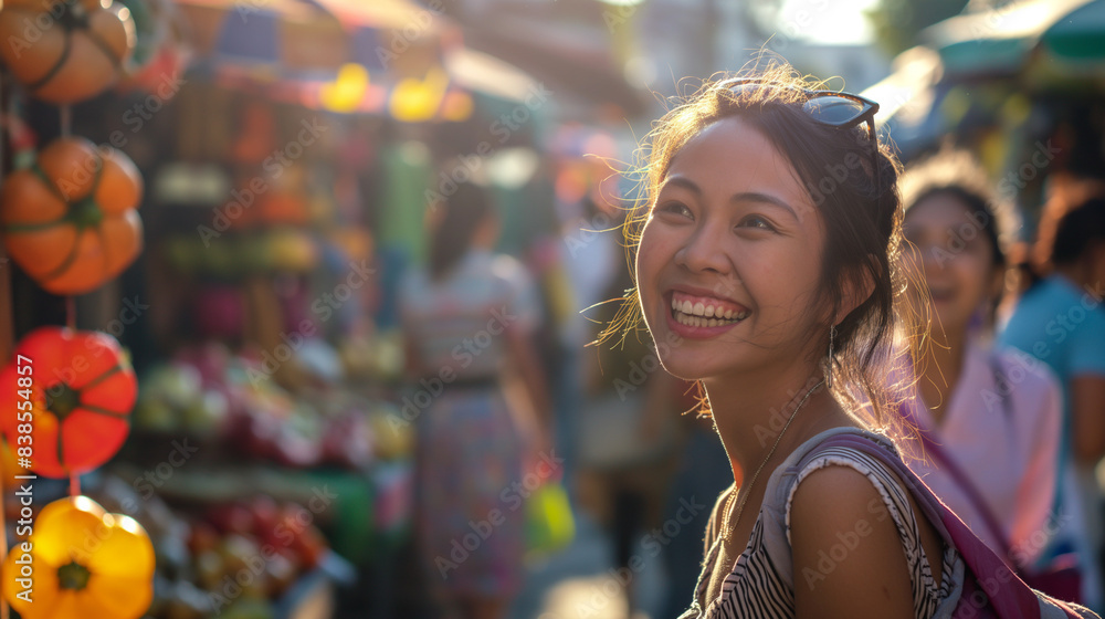 Smiling woman at an outdoor market, joyful mood, colorful background
Smiling woman at an outdoor market, joyful mood, colorful background