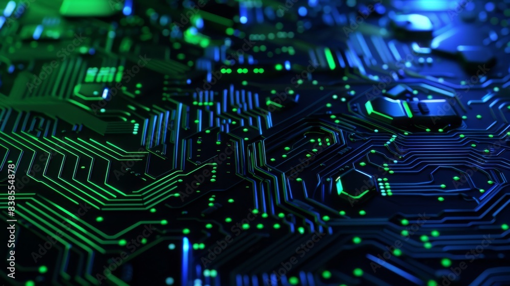 Black Neon Green Neon Blue abstract background with digital glowing lights and circuit board elements on a dark blue background, high quality 3D rendered illustration of an abstract futuristic Black Neon Green Neon Blue abstract background with digital glowing lights and circuit board elements on a dark blue background, high quality 3D rendered illustration of an abstract futuristic