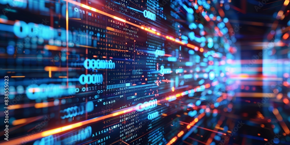 Close-up view of an abstract digital concept with blue data streams and binary code representing cyber Ai technology. Close-up view of an abstract digital concept with blue data streams and binary code representing cyber Ai technology.