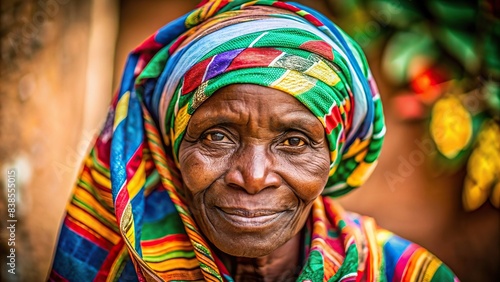 Portrait of an elderly African woman with colorful headscarf , African, woman, elderly, portrait, headscarf, traditional, culture, senior, fashion, wisdom, wrinkles, beauty, diversity photo