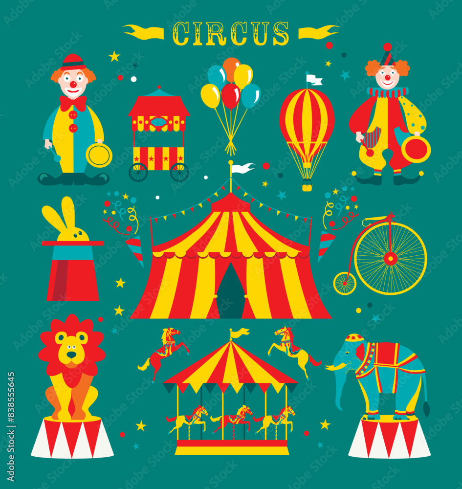 Fototapeta premium Card with circus set tent, lion, hat, elephants and clown. 