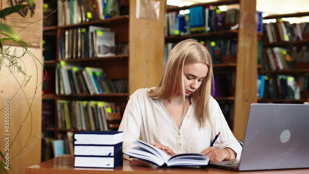 Attractive Multiethnic Student Making a STEM Class Homework in a Textbook, While Researching Quiz Answers on a Laptop Computer. Young Blonde Female Studying in a Public Library with Classical Interior Attractive Multiethnic Student Making a STEM Class Homework in a Textbook, While Researching Quiz Answers on a Laptop Computer. Young Blonde Female Studying in a Public Library with Classical Interior