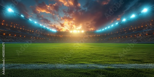 A stunning view of an empty stadium at sunset, with the sun casting a warm glow over the lush green field and the seats awaiting fans. photo