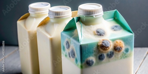 Spoiled milk in a carton with mold growing on it , rotten, expired, dairy, bacteria, foul, curdled, unhealthy, odorous, lumpy, spoiled, disgust, unusable, container, food waste, blue, green photo