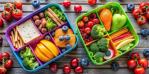 Two colorful lunchboxes filled with healthy snacks and a variety of fruits and vegetables , diverse, multiracial, elementary school, students, healthy meal, lunchboxes, sharing, joy photo
