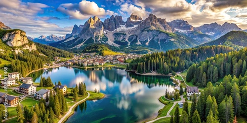 Aerial view of Lago Antorno, Dolomites, Lake mountain landscape with Alps peak in Misurina, Cortina d'Ampezzo, Italy , aerial, view, Lago Antorno, Dolomites, Lake, mountain, landscape photo