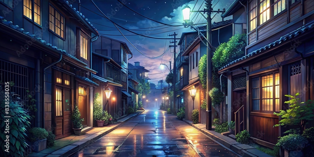 Dark and eerie anime background art of a liminal street at night , anime, scenery,generative AI, urban, cityscape, futuristic, surreal, atmospheric, digital art, neon, cyberpunk, dystopian