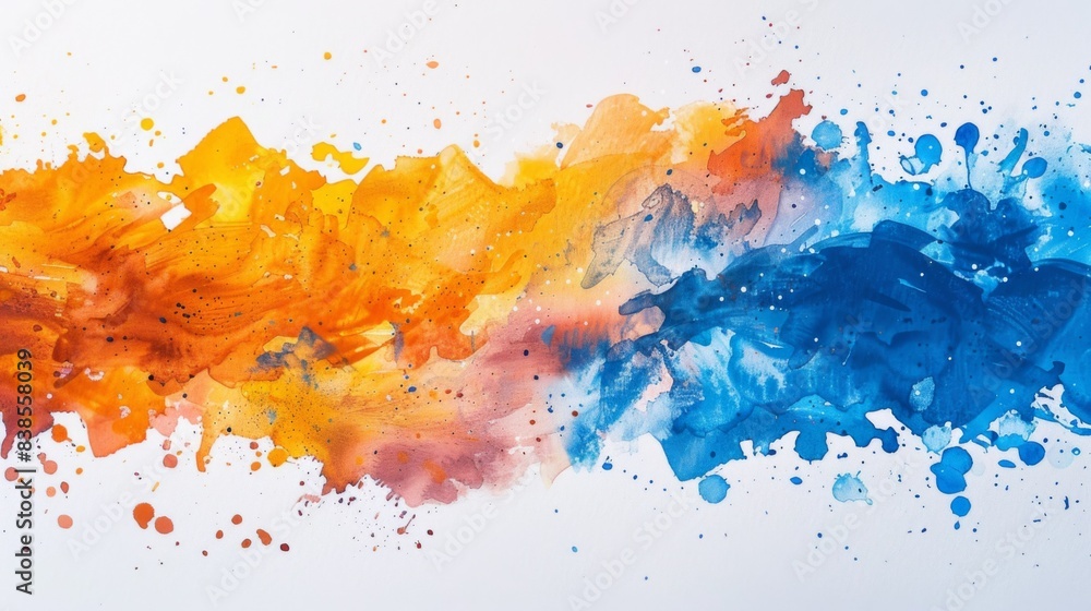 Obraz premium A painting of a blue and orange paint splatter on white, AI