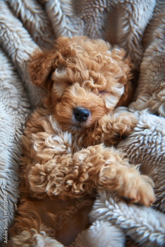 poodle puppy sleeping on the bed Generative AI © Roman